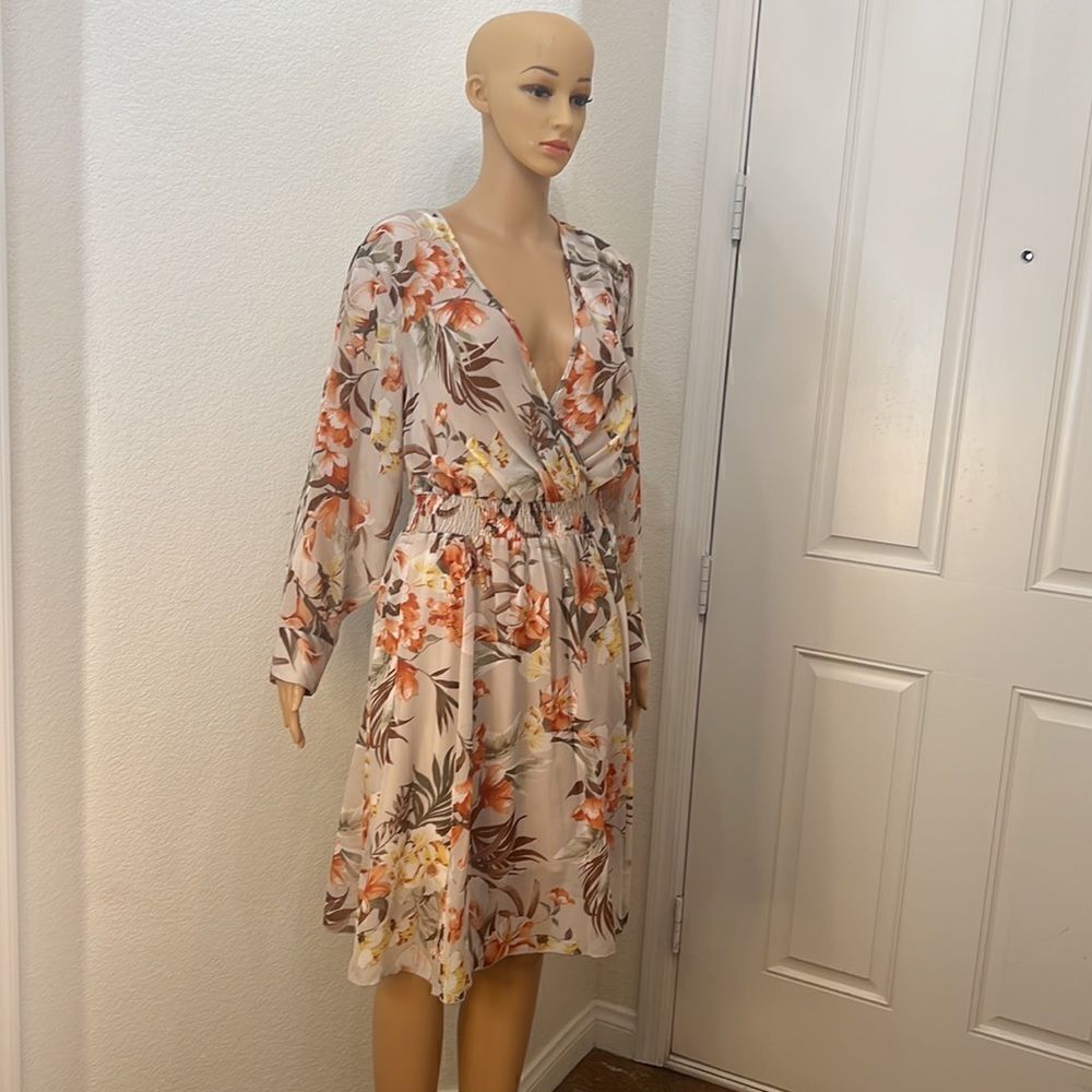 Enfocus Dress Size 14P V Neck Floral Long Sleeve Sheer Lined Skirt Elastic Waist - Picture 2 of 11